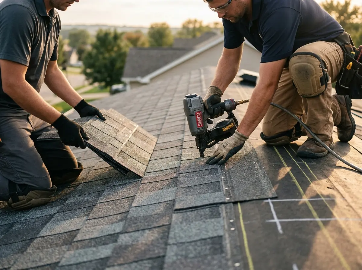 Professional roofer working on a residential roof in Cheney